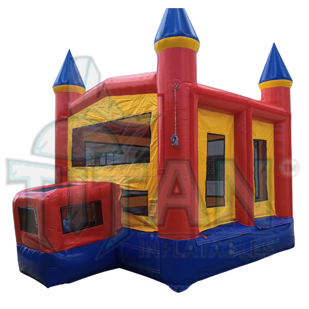 Left angled view of Titan inflatables primary colored inflatable castle bounce house