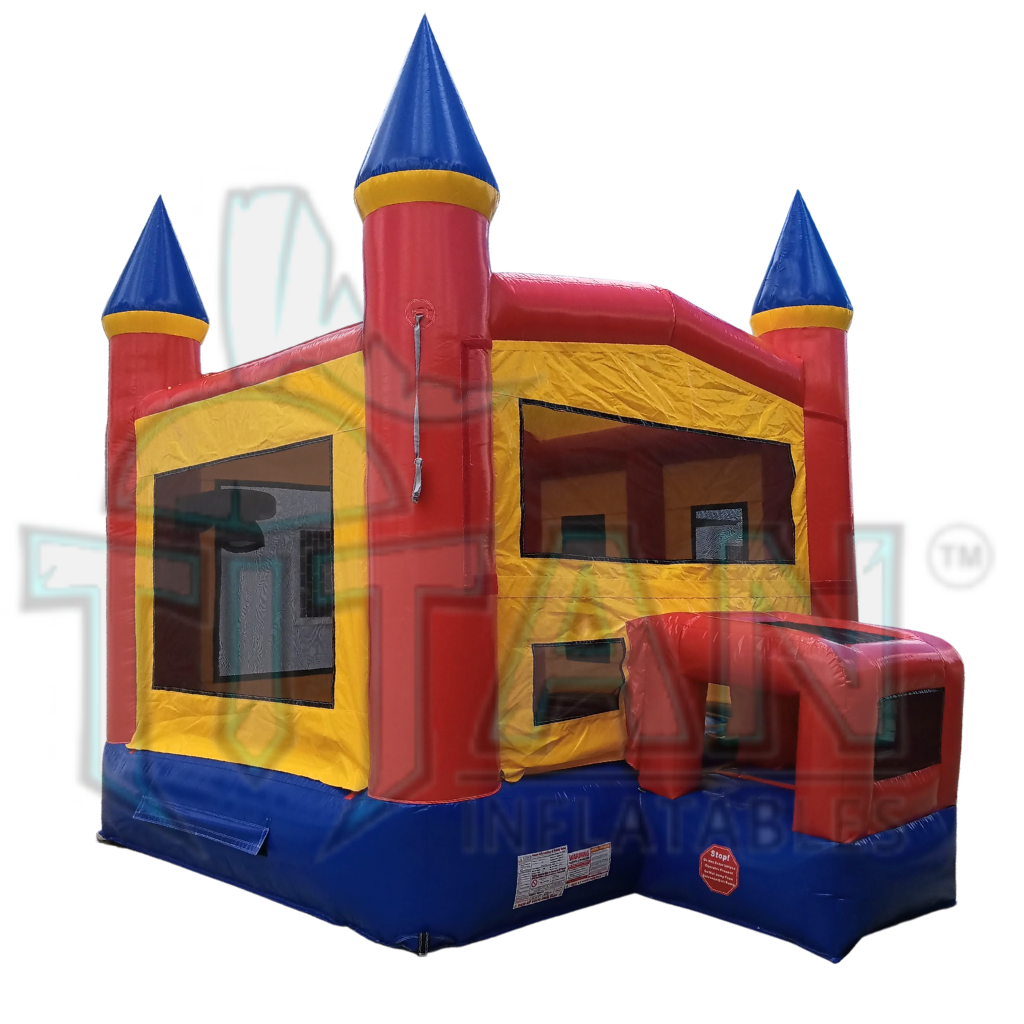 Right angled view of Titan inflatables primary colored inflatable castle bounce house