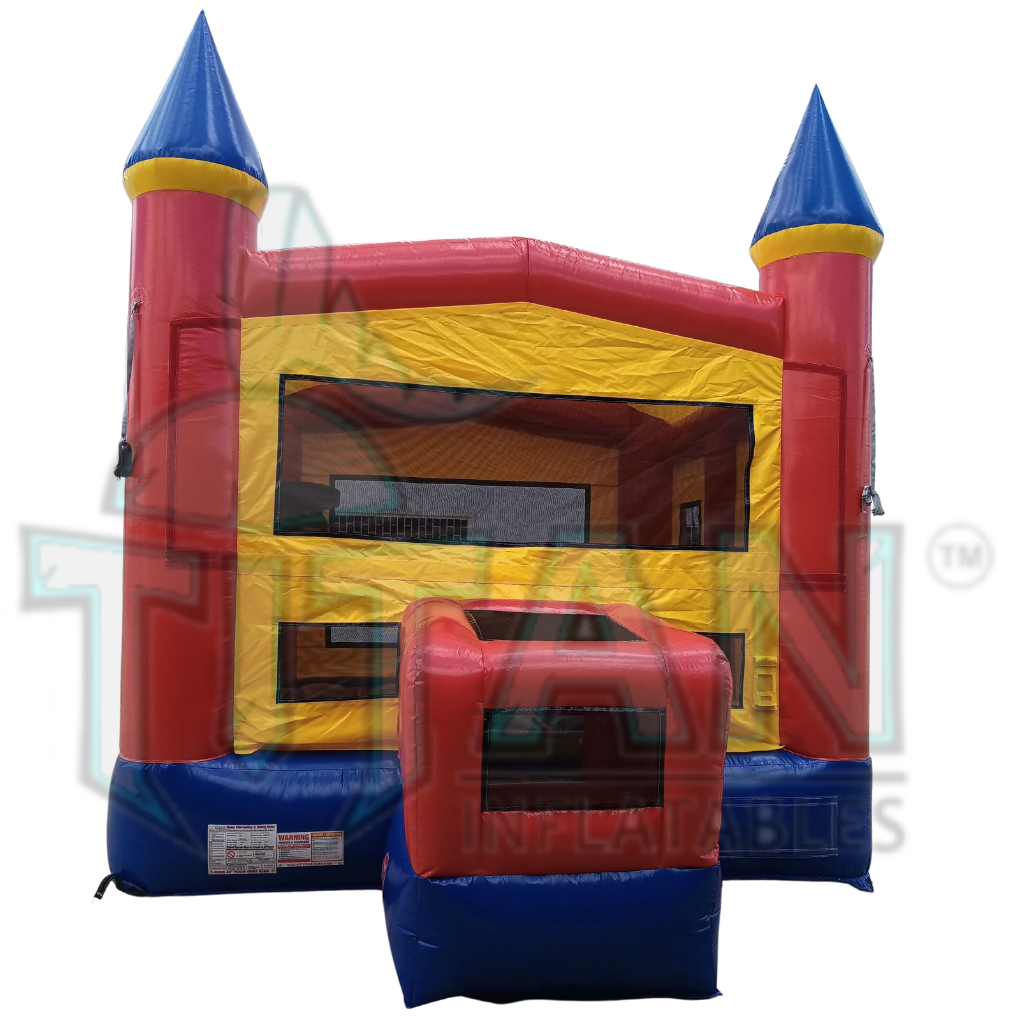 Front facing view of Titan inflatables primary colored inflatable castle bounce house