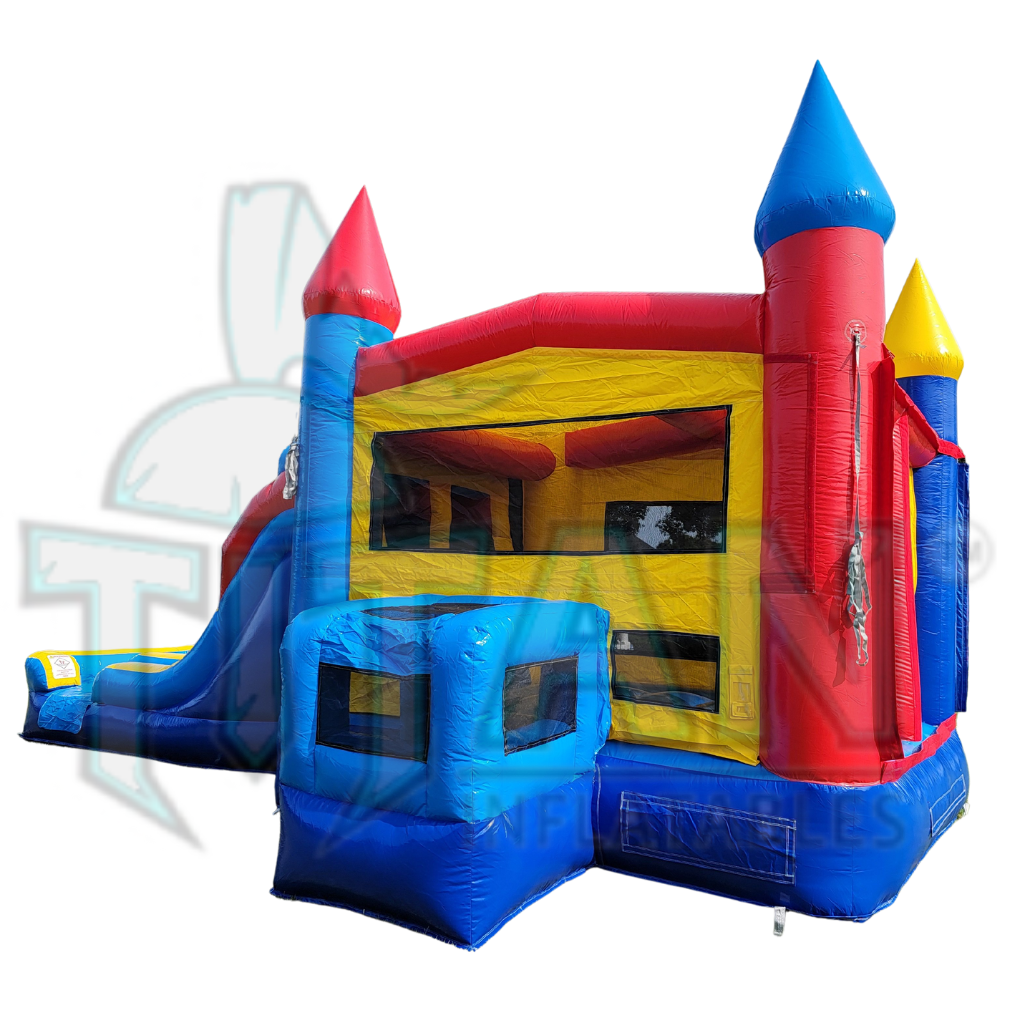 front angled right view of titan inflatables castle double lane inflatable combo bouncer