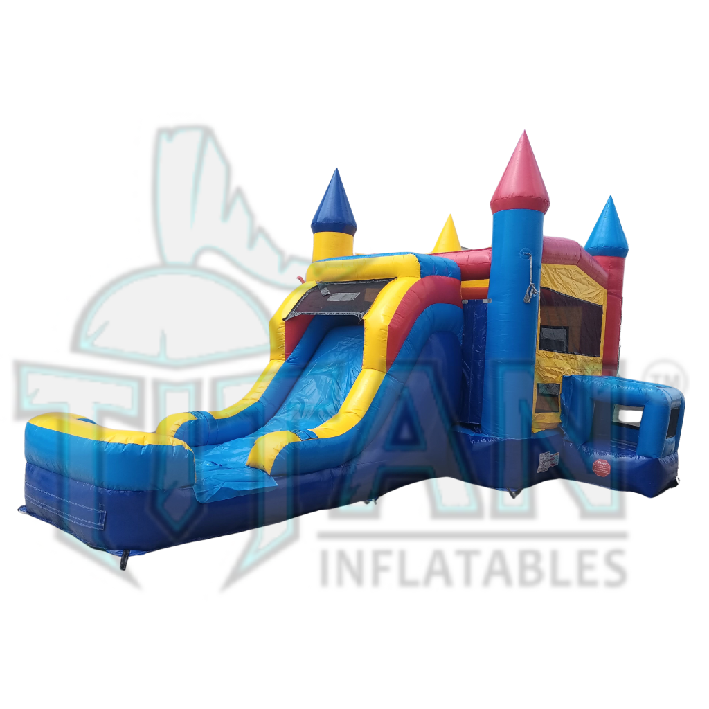 front angled left view of titan inflatables castle single lane inflatable combo bouncer