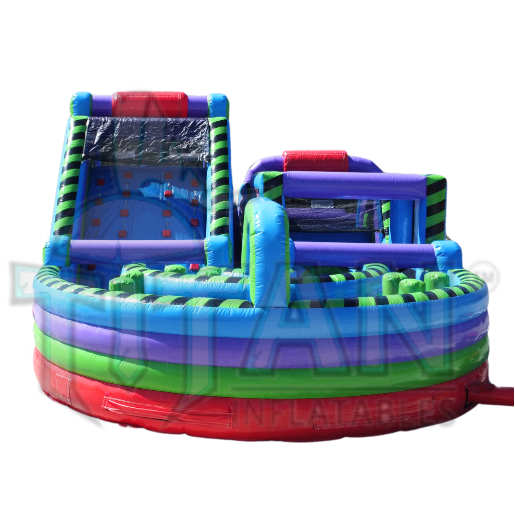 back view of Titan inflatables multi colored full Conqueror inflatable Obstacle Course  