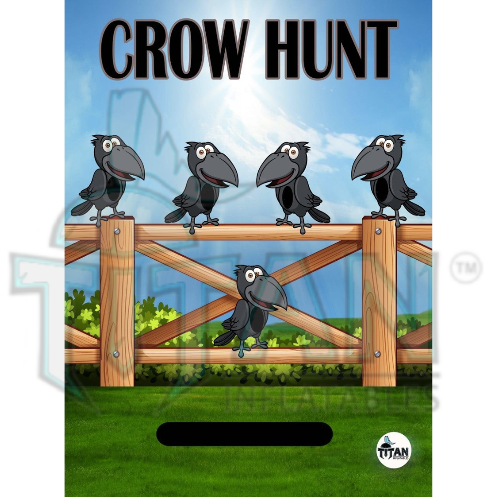 crow hunt big system panel with 5 smiling black crows sitting on a wooden fence 