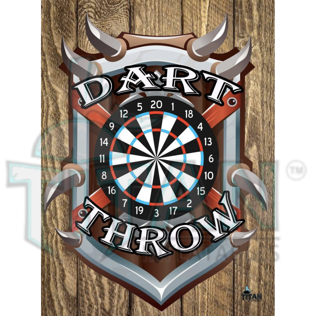 dart throw big system panel with large dart target centered on thorned crest that is centered on a wooden background 