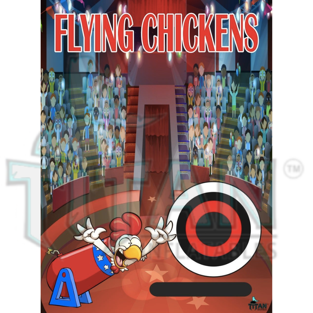 flying chickens big system panel with chicken in a cannon next to a target surrounded by multiple characters in a crowd