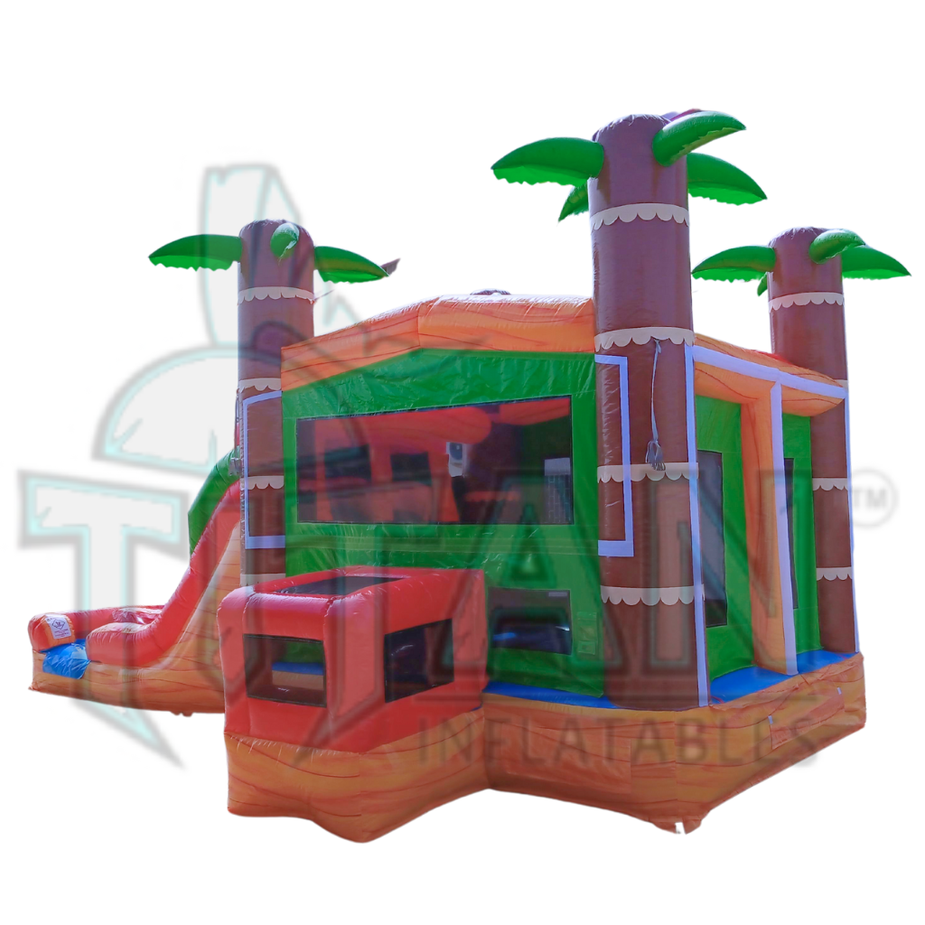 front angled right facing view of titan inflatables island fire double lane inflatable combo bouncer