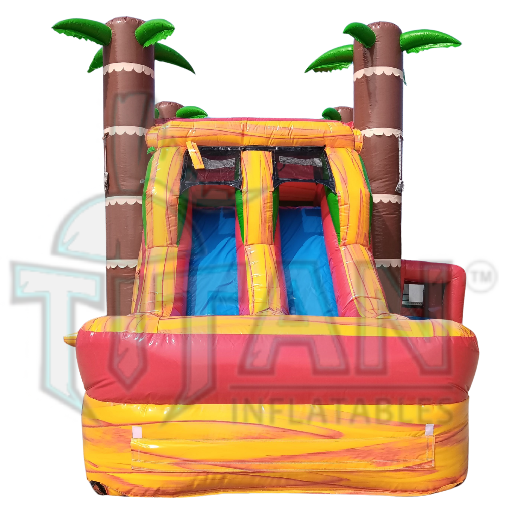 left facing view of titan inflatables island fire double lane inflatable combo bouncer