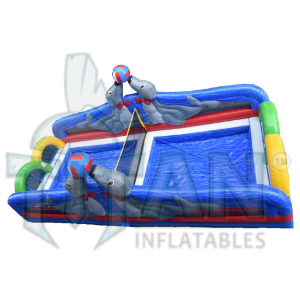 top facing view of titan inflatables island volleyball interactive game 