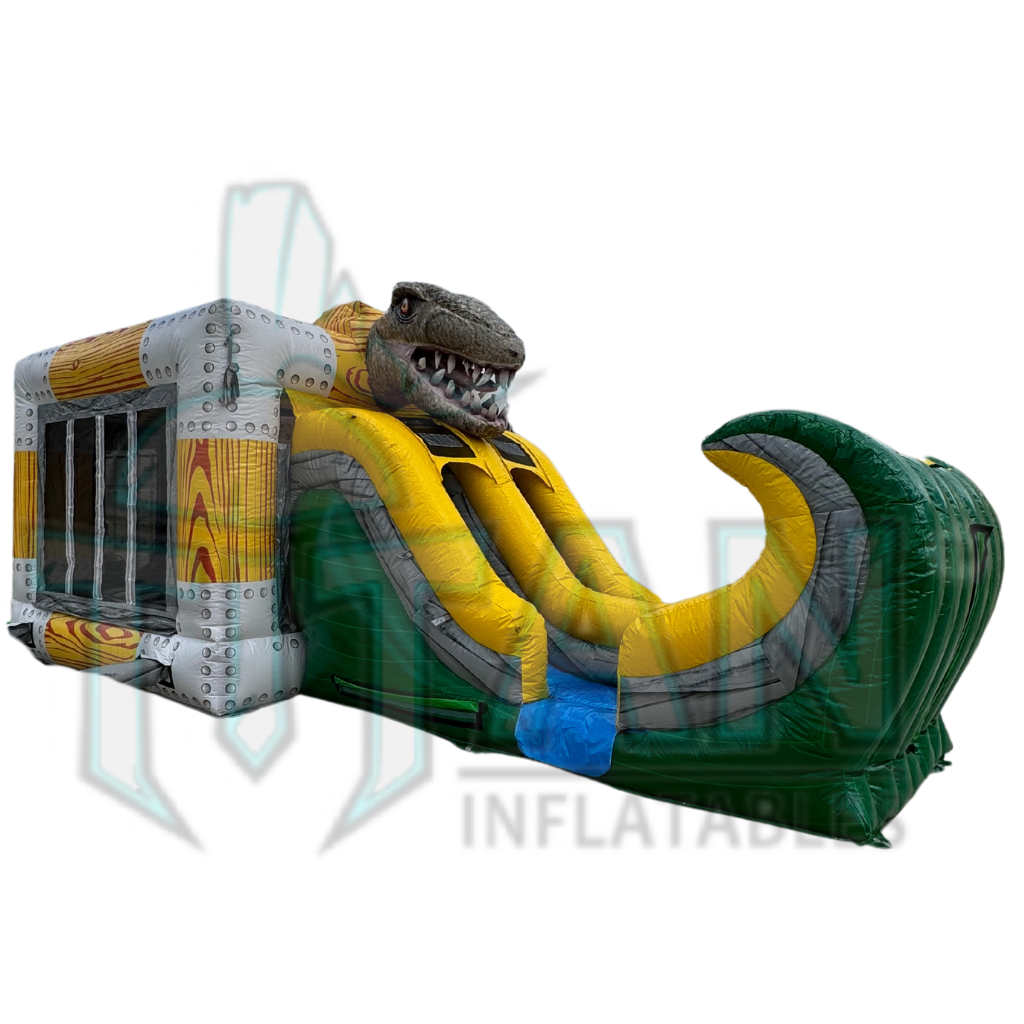 back angled right view of titan inflatables jurassic rebound double lane inflatable combo bouncer
