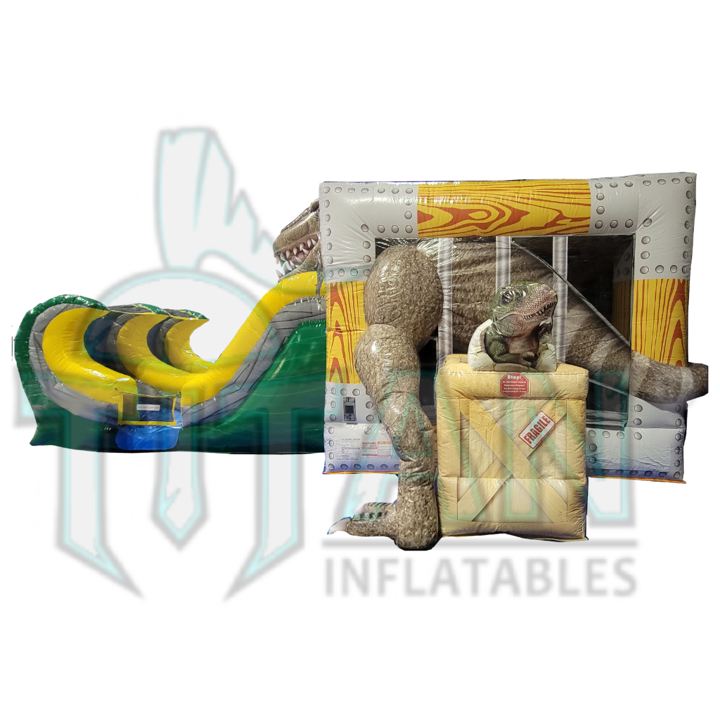 front facing view of titan inflatables jurassic rebound double lane inflatable combo bouncer