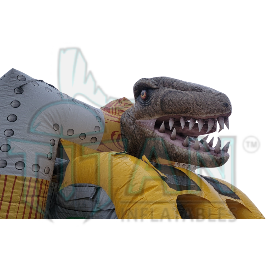  close up view of dinosaur head on titan inflatables jurassic rebound double lane inflatable combo bouncer