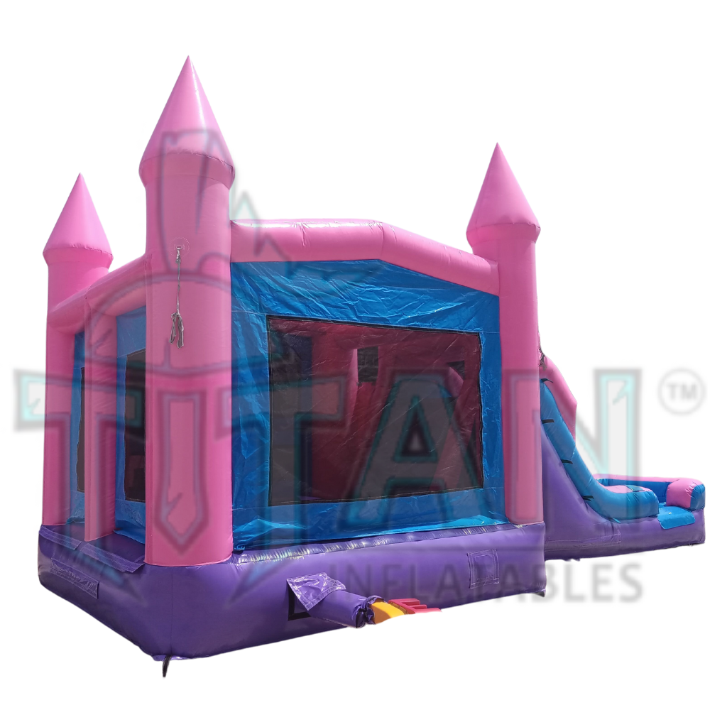 back angled left view of titan inflatables princess single lane inflatable combo bouncer