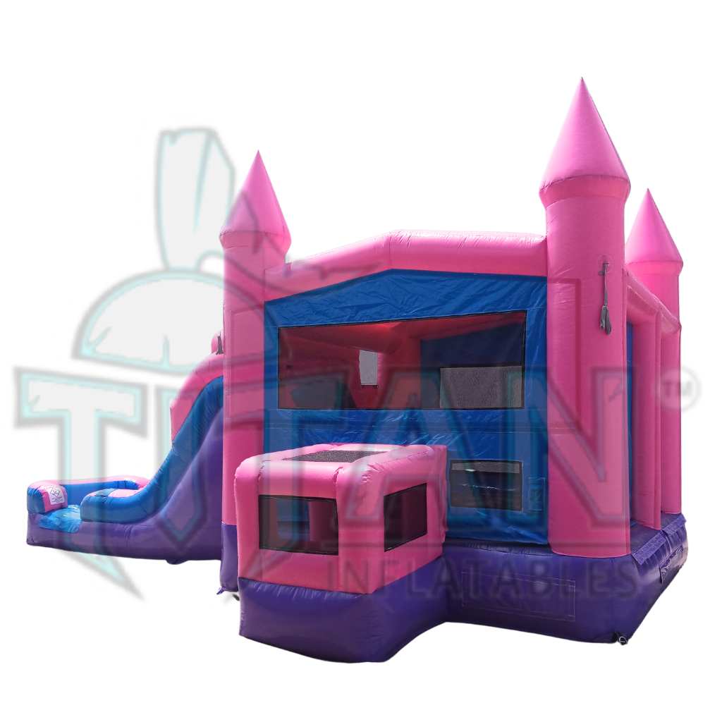 front facing view of titan inflatables princess single lane inflatable combo bouncer