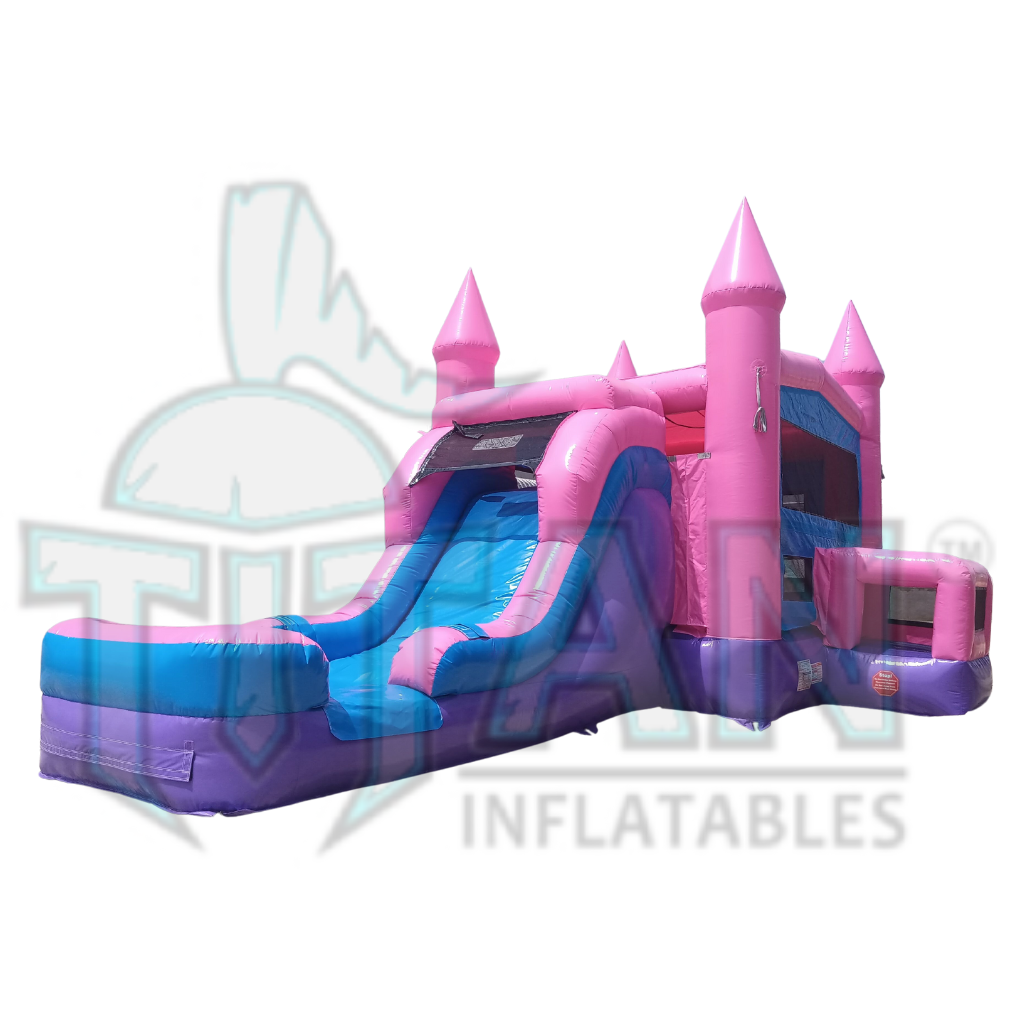 front angled left view of titan inflatables princess single 
lane inflatable combo bouncer