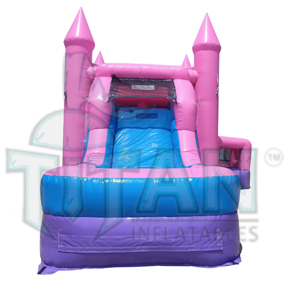 left facing view of titan inflatables princess single lane inflatable combo bouncer