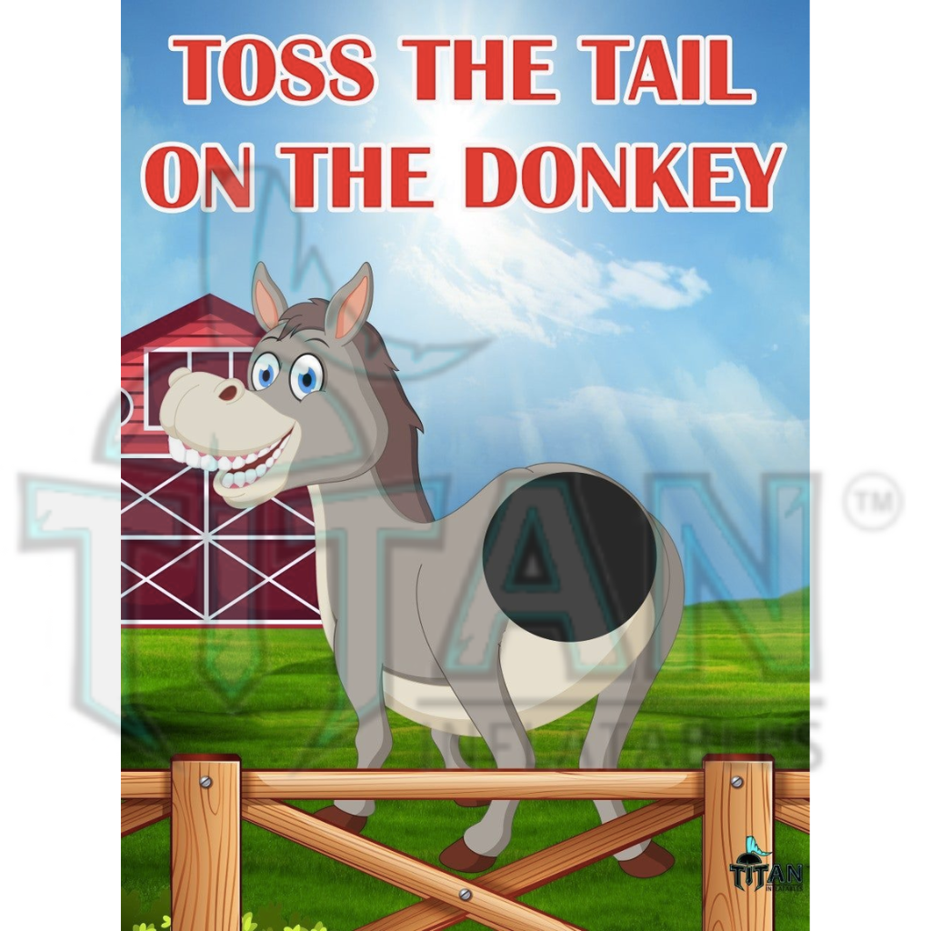 toss the tail on the donkey big system panel with a back facing view of donkey smiling and standing in front of a barn