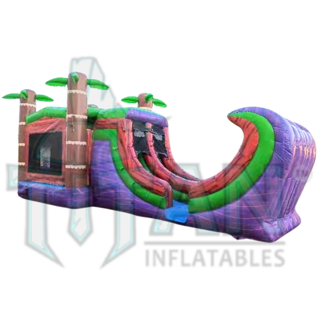 back angled right facing view of titan inflatables tropical rebound double lane inflatable combo bouncer