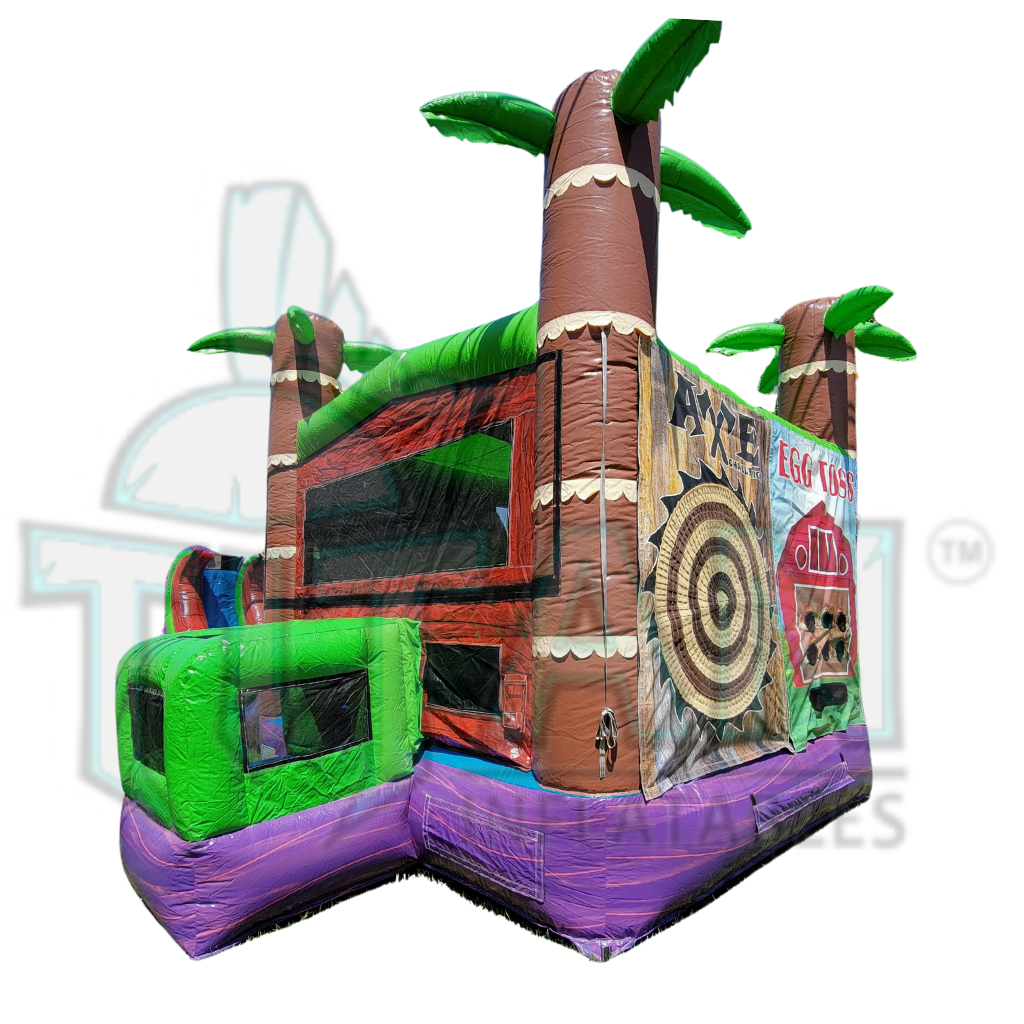 front angled right facing view of titan inflatables tropical rebound double lane inflatable combo bouncer that has axe challenge and dart throw big system panels attached